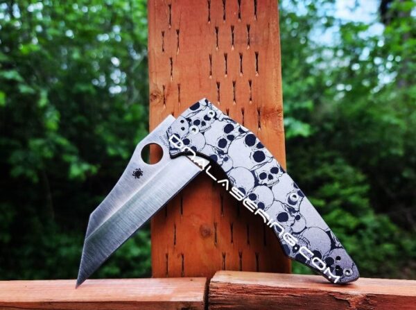 il_fullxfull.4980444209_1dpl.jpg Skulls - Spyderco YoJumbo - Deep Laser Engraved - Titanium Scales - EDC Gear *Scales/Handles Only*