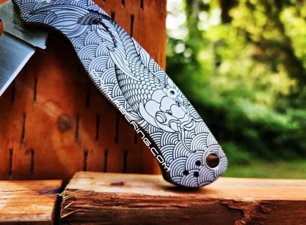 Koi - Japanese Waves - Spyderco PM2 - Deep Laser Engraved - Titanium Knife Scales - EDC Gear - Knife & Hardware Optional Flytanium Gear