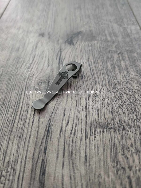 il_fullxfull.5109067566_7jrj-1.jpg LynchNW Spyderco - Celtic Cross - Laser Engraved Titanium - Deep Carry Pocket knife Clip - Blacksmith, Satin or Sandwashed Finish