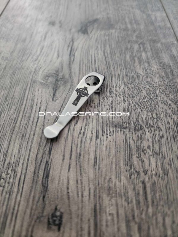 il_fullxfull.5109077962_3pwk-1.jpg LynchNW Spyderco - Celtic Cross - Laser Engraved Titanium - Deep Carry Pocket knife Clip - Blacksmith, Satin or Sandwashed Finish