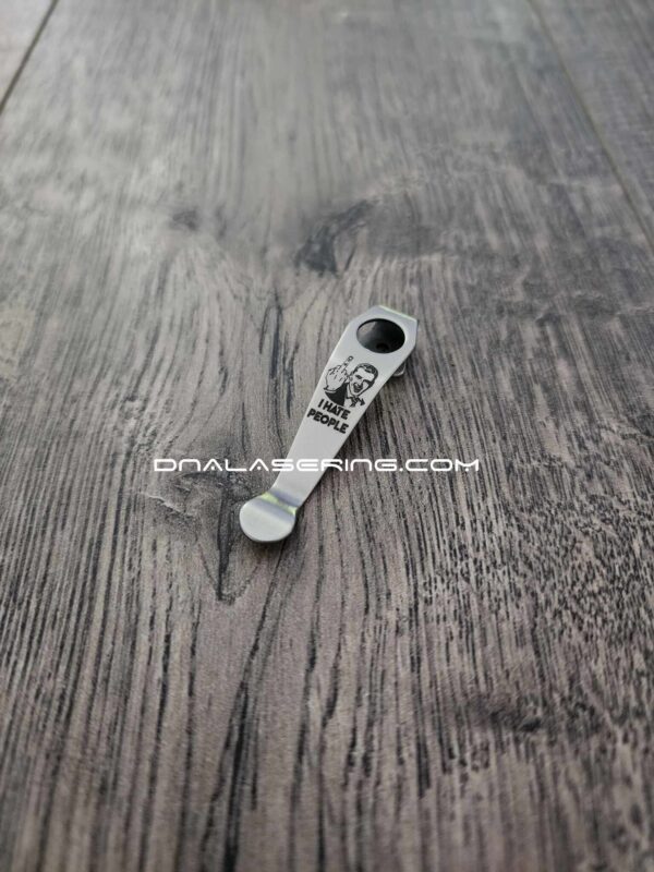 il_fullxfull.5109333558_9yil-1.jpg LynchNW Spyderco - I Hate People - Laser Engraved Titanium - Deep Carry Pocket knife Clip - Blacksmith, Satin or Sandwashed Finish