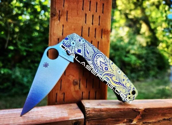 Paisley Leaf - Spyderco PM2 TI - Fiber Laser Deep Engraved - Double Ano Titanium Knife Scales - Flytanium - Knife & Hardware Optional