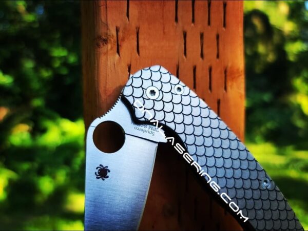 il_fullxfull.5126185354_9x08-1.jpg Dragon Scale - Fish Scale - Spyderco PM2 TI - Fiber Laser Deep Engraved - Titanium Knife Scales - EDC Gear - Knife & Hardware Optional
