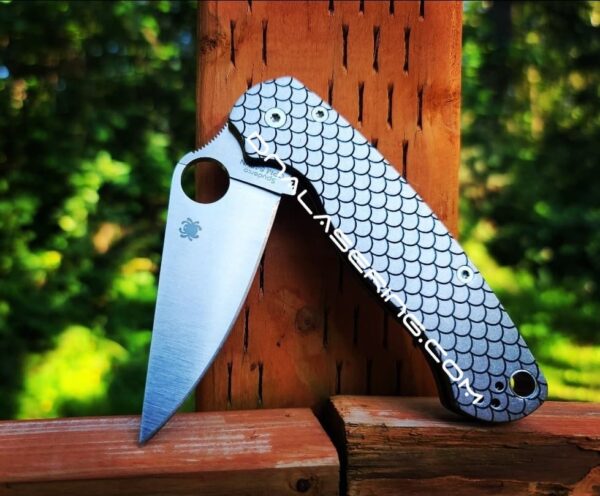 il_fullxfull.5126185358_9bz2-1.jpg Dragon Scale - Fish Scale - Spyderco PM2 TI - Fiber Laser Deep Engraved - Titanium Knife Scales - EDC Gear - Knife & Hardware Optional