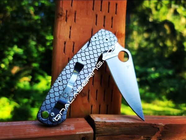 il_fullxfull.5126185460_81lx-1.jpg Dragon Scale - Fish Scale - Spyderco PM2 TI - Fiber Laser Deep Engraved - Titanium Knife Scales - EDC Gear - Knife & Hardware Optional