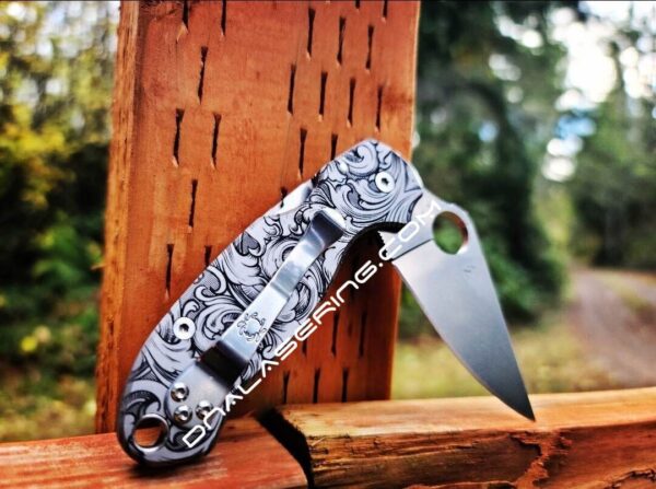 Leaf Scroll Design - Spyderco PM3 - Deep Laser Engraved - Titanium scales - Flytanium Gear - scroll pattern - Optional Knife Install