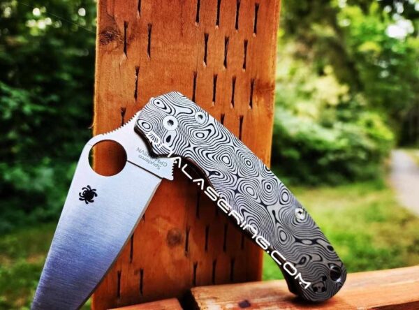 Damascus Pattern - Spyderco PM2 - Fiber Laser Deep Engraved - Titanium Knife Scales - EDC Gear - Knife & Hardware Optional Flytanium Gear