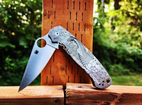 Koi - Japanese Waves - Spyderco PM2 - Deep Laser Engraved - Titanium Knife Scales - EDC Gear - Knife & Hardware Optional Flytanium Gear
