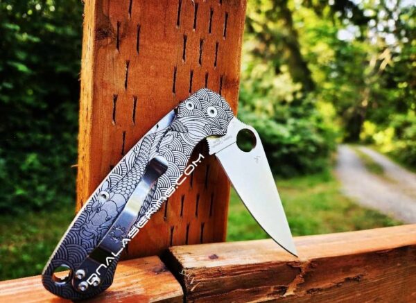 Koi - Japanese Waves - Spyderco PM2 - Deep Laser Engraved - Titanium Knife Scales - EDC Gear - Knife & Hardware Optional Flytanium Gear