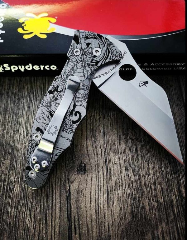 Japanese Samurai Design - Spyderco Yojimbo 2 - Deep Laser Engraved - Stonewash Titanium Scales - EDC Gear - Fully Installed Knife Option
