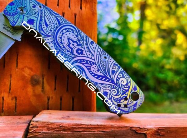Paisley Leaf - Spyderco PM2 TI - Fiber Laser Deep Engraved - Double Ano Titanium Knife Scales - Flytanium - Knife & Hardware Optional