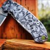 Leaf Scroll Design - Spyderco PM3 - Deep Laser Engraved - Titanium scales - Flytanium Gear - scroll pattern - Optional Knife Install