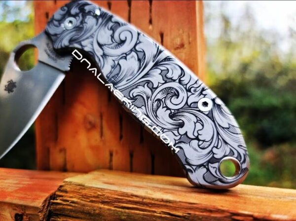 Leaf Scroll Design - Spyderco PM3 - Deep Laser Engraved - Titanium scales - Flytanium Gear - scroll pattern - Optional Knife Install