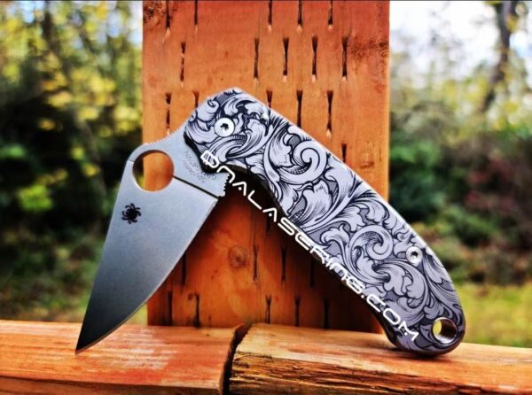 Leaf Scroll Design - Spyderco PM3 - Deep Laser Engraved - Titanium scales - Flytanium Gear - scroll pattern - Optional Knife Install