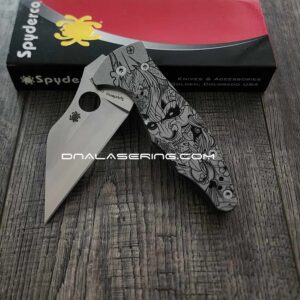 Samurai Mask - Spyderco Yojimbo 2 - Deep Laser Engraved - Stonewash Titanium Scales - EDC Gear - Fully Installed Knife Option