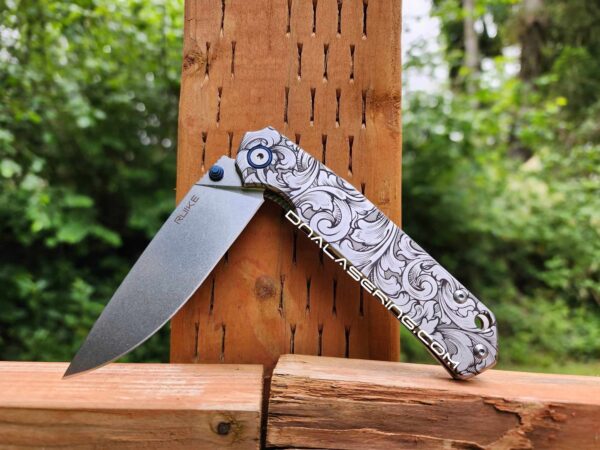 Leaf Scroll with shading - Ruike P801 - Fiber Laser Deep Engraved - EDC Gear - Complete Knife