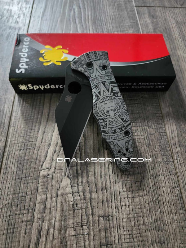 Aztec Calendar - Spyderco Yojimbo 2 - Deep Laser Engraved - Titanium Scales - EDC Gear - Fully Installed Knife Option