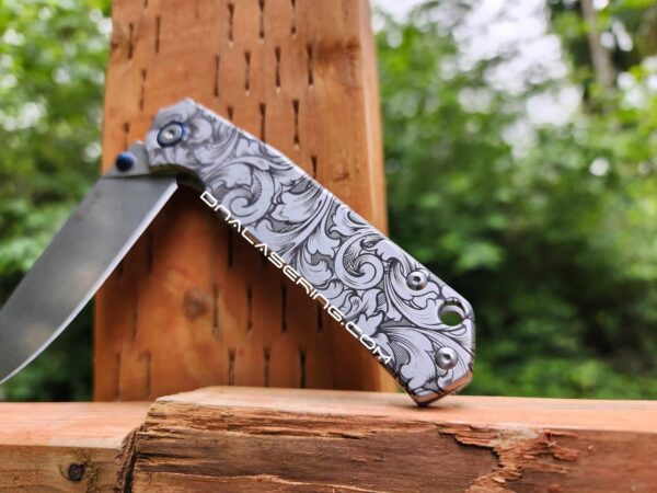Leaf Scroll with shading - Ruike P801 - Fiber Laser Deep Engraved - EDC Gear - Complete Knife