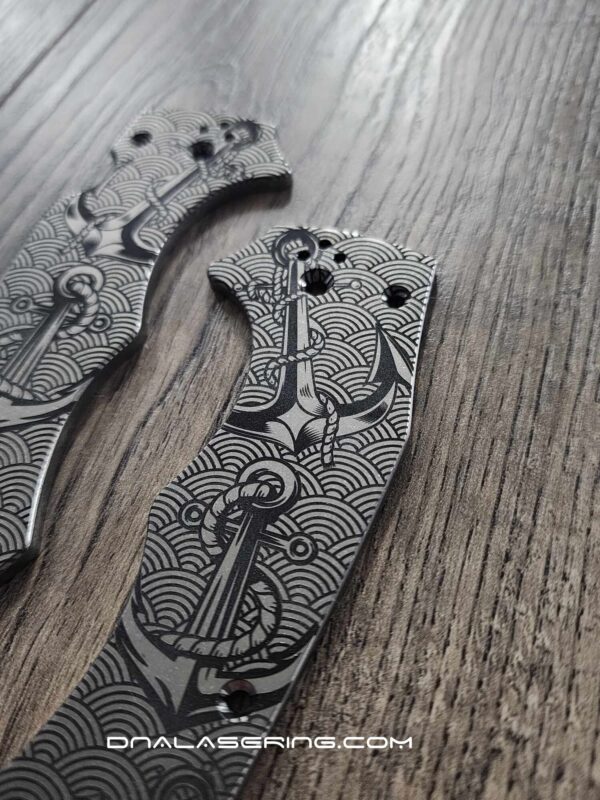 Anchors - Seigaiha Pattern - Spyderco YoJumbo - Deep Laser Engraved - Titanium Scales - EDC Gear *Scales/Handles Only*