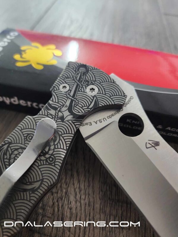 Anchors - Seigaiha Pattern - Spyderco Yojimbo 2 - Deep Laser Engraved - Stonewash Titanium Scales - EDC Gear *Knife Install Optional*