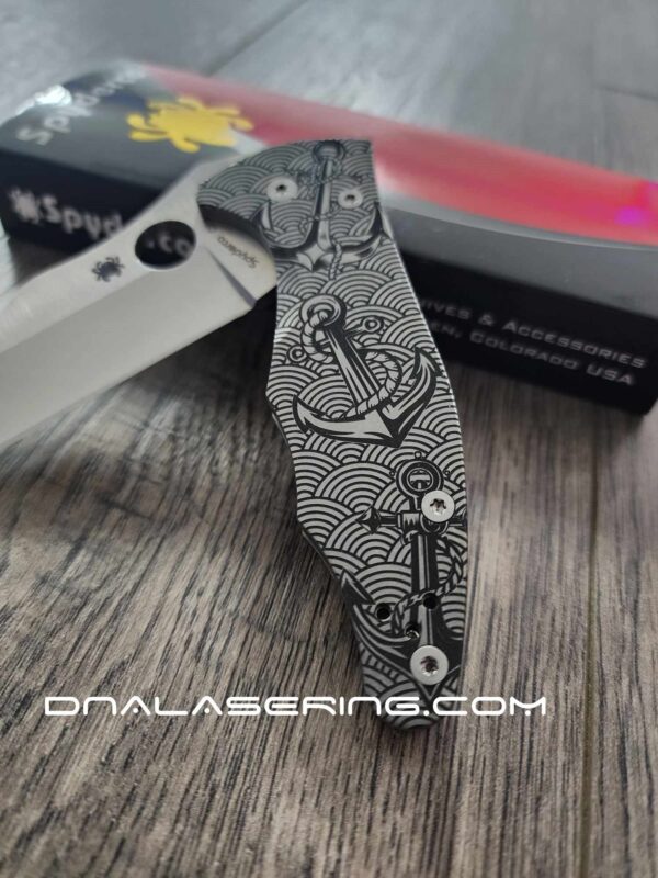 Anchors - Seigaiha Pattern - Spyderco Yojimbo 2 - Deep Laser Engraved - Stonewash Titanium Scales - EDC Gear *Knife Install Optional*