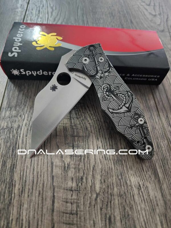 Anchors - Seigaiha Pattern - Spyderco Yojimbo 2 - Deep Laser Engraved - Stonewash Titanium Scales - EDC Gear *Knife Install Optional*