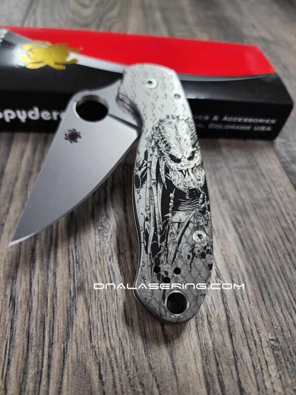 il_fullxfull.5539086057_i43c-1.jpg Predator - Spyderco PM3 TI - Deep Laser Engraved Titanium Knife Scales - Paramilitary 3 - Optional Hardware & Knife Install