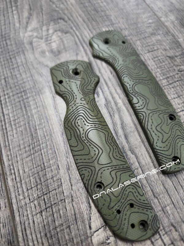 il_fullxfull.5602512504_b85t.jpg Spyderco Shaman - Lotus Scales - G-10 OD Green - Flytanium Gear *Optional Knife Install & Topographic Laser Engraving*