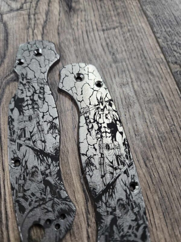 Deadpool Design - Spyderco PM2 TI - Fiber Laser Deep Engraved - PM2 Titanium Knife Scales - EDC Gear - Knife & Hardware Optional