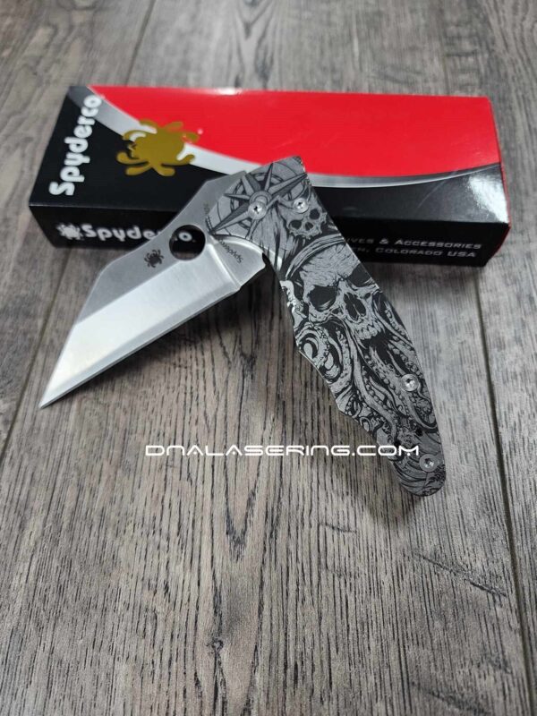Davy Jones Skull - Kraken Skull - Spyderco Yojimbo 2 - Deep Laser Engraved - Titanium Scales - EDC Gear - *Fully Installed Knife Option*