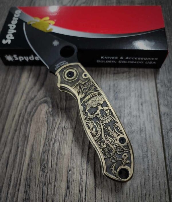 Davy Jones - Spyderco PM3 Brass - NEW Relief Engraving Style - Engraved & Aged - Brass Scales -  Flytanium Gear - Knife Install Optional