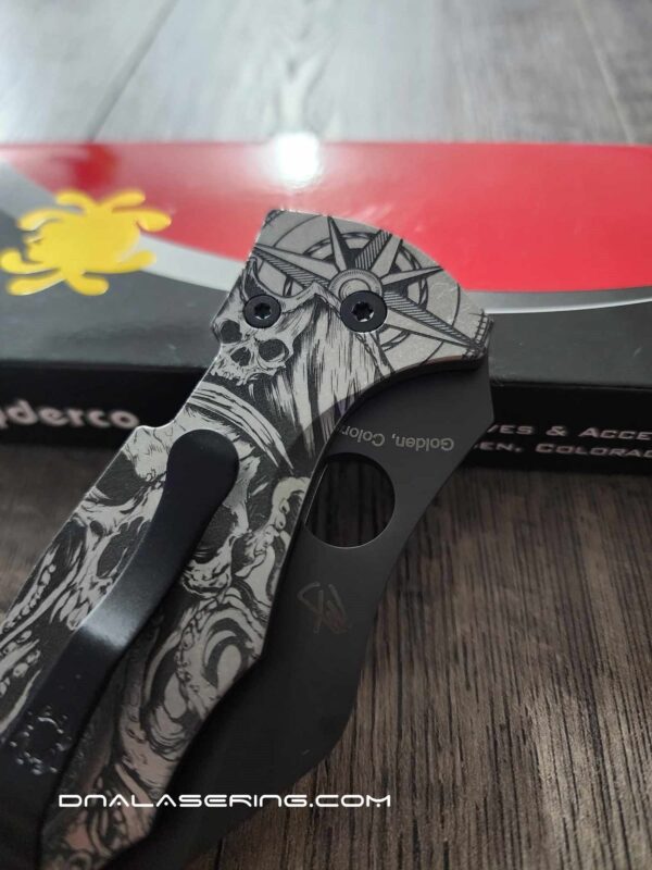 il_fullxfull.5659343229_1esm.jpg Davy Jones Skull - Kraken Skull - Spyderco Yojimbo 2 - Deep Laser Engraved - Titanium Scales - EDC Gear - *Fully Installed Knife Option*