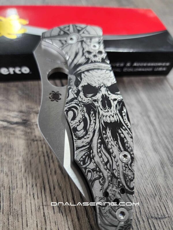 il_fullxfull.5659343269_lix1.jpg Davy Jones Skull - Kraken Skull - Spyderco Yojimbo 2 - Deep Laser Engraved - Titanium Scales - EDC Gear - *Fully Installed Knife Option*