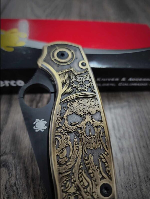 Davy Jones - Spyderco PM3 Brass - NEW Relief Engraving Style - Engraved & Aged - Brass Scales -  Flytanium Gear - Knife Install Optional
