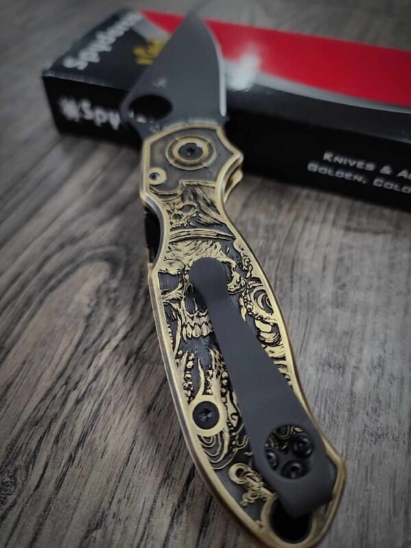 Davy Jones - Spyderco PM3 Brass - NEW Relief Engraving Style - Engraved & Aged - Brass Scales -  Flytanium Gear - Knife Install Optional
