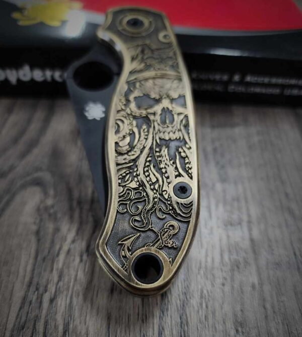 Davy Jones - Spyderco PM3 Brass - NEW Relief Engraving Style - Engraved & Aged - Brass Scales -  Flytanium Gear - Knife Install Optional