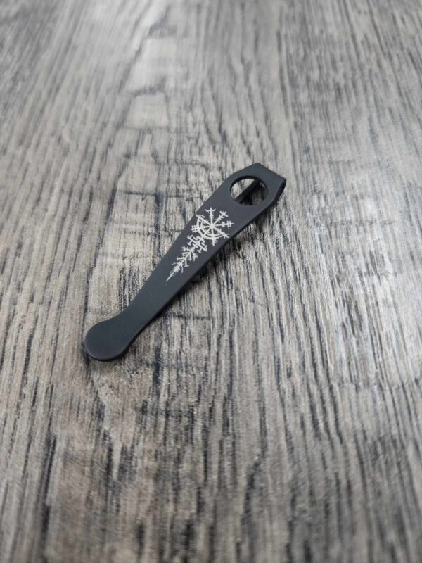 il_fullxfull.5701120643_5fzk.jpg Spyderco WIRE Clip - Viking Rune - Laser Engraved Titanium -Deep Carry Pocket Knife Clip - Blacksmith, Satin or Stonewash Finish Made In USA