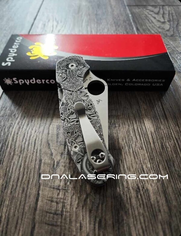 il_fullxfull.5713272984_ih52.jpg Viking Rune - Nordic Design - Spyderco PM3 TI - NEW Relief Engraving Style - Laser Engraved - Titanium Knife Scales - Knife Install Optional
