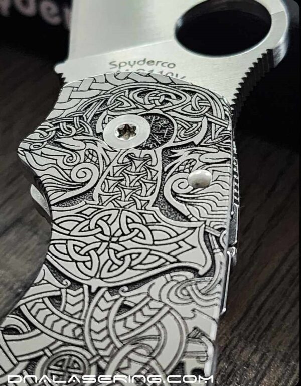 il_fullxfull.5713272992_m9xx.jpg Viking Rune - Nordic Design - Spyderco PM3 TI - NEW Relief Engraving Style - Laser Engraved - Titanium Knife Scales - Knife Install Optional