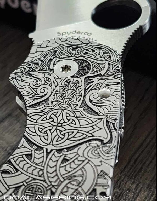 Viking Rune - Nordic Design - Spyderco PM3 TI - NEW Relief Engraving Style - Laser Engraved - Titanium Knife Scales - Knife Install Optional