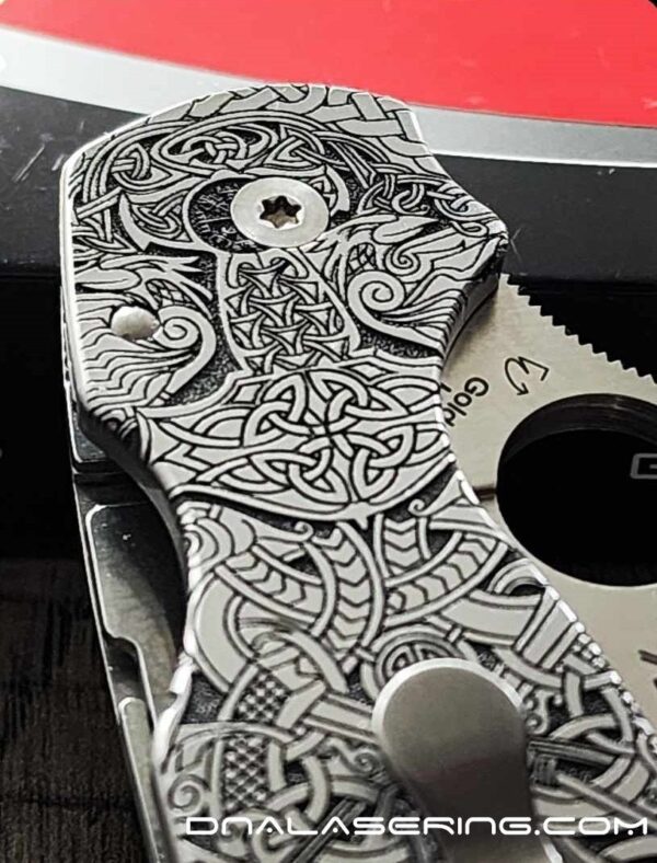 il_fullxfull.5713272996_5igk.jpg Viking Rune - Nordic Design - Spyderco PM3 TI - NEW Relief Engraving Style - Laser Engraved - Titanium Knife Scales - Knife Install Optional