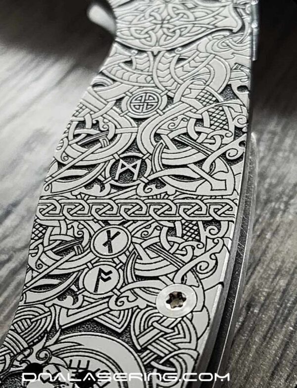 il_fullxfull.5713272998_t7jr.jpg Viking Rune - Nordic Design - Spyderco PM3 TI - NEW Relief Engraving Style - Laser Engraved - Titanium Knife Scales - Knife Install Optional