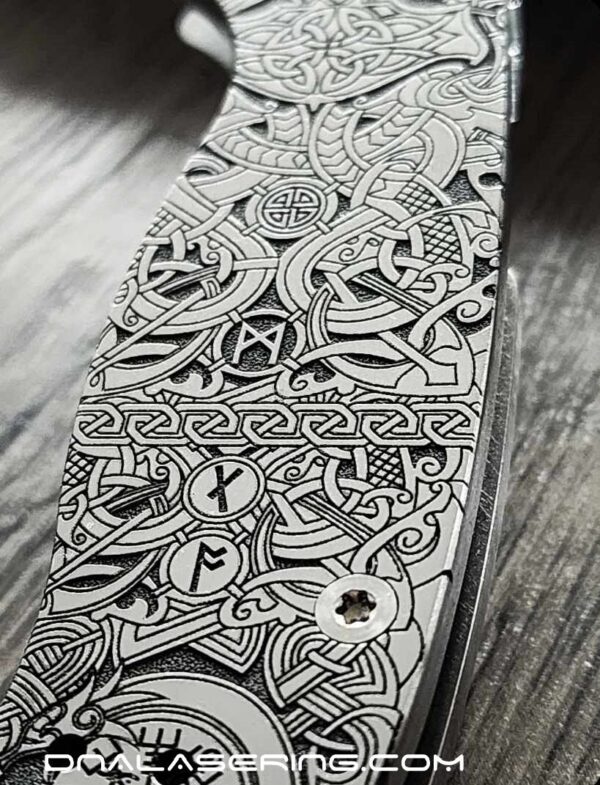 Viking Rune - Nordic Design - Spyderco PM3 TI - NEW Relief Engraving Style - Laser Engraved - Titanium Knife Scales - Knife Install Optional