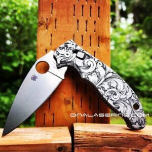 Detailed Leaf Scroll - Spyderco Manix 2 - Deep Fiber Laser Engraved Titanium Scales - Flytanium Gear *Knife Install Optional*