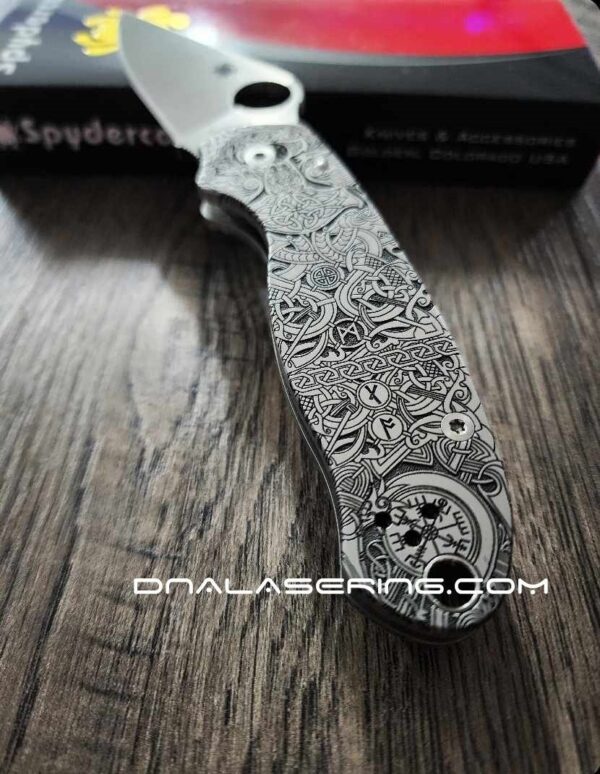 il_fullxfull.5761331067_fnwi.jpg Viking Rune - Nordic Design - Spyderco PM3 TI - NEW Relief Engraving Style - Laser Engraved - Titanium Knife Scales - Knife Install Optional