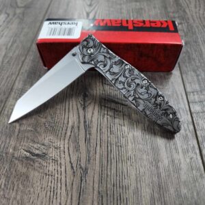Detailed Leaf Scroll - Kershaw Leek Framelock - Deep Fiber Laser Engraving - EDC Gear - Complete Knife