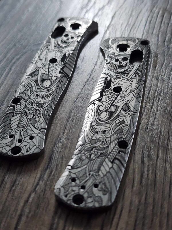 Japanese Warrior - Samurai - Skulls - Benchmade Bugout - Deep Laser Engraved Titanium Scales - EDC Gear *Scales/handles Only*