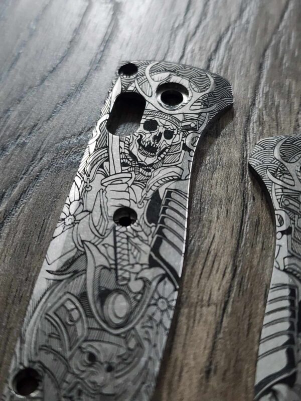 Japanese Warrior - Samurai - Skulls - Benchmade Bugout - Deep Laser Engraved Titanium Scales - EDC Gear *Scales/handles Only*