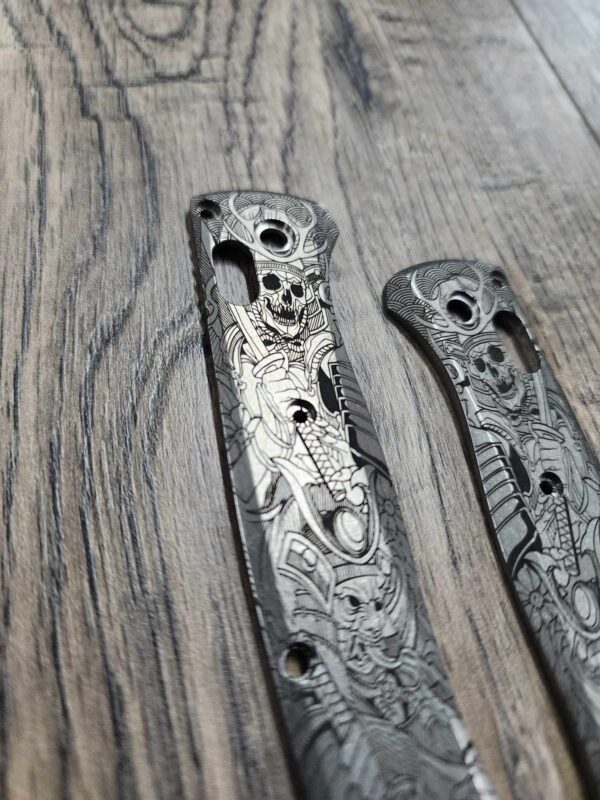 Japanese Warrior - Samurai - Skulls - Benchmade Bugout - Deep Laser Engraved Titanium Scales - EDC Gear *Scales/handles Only*
