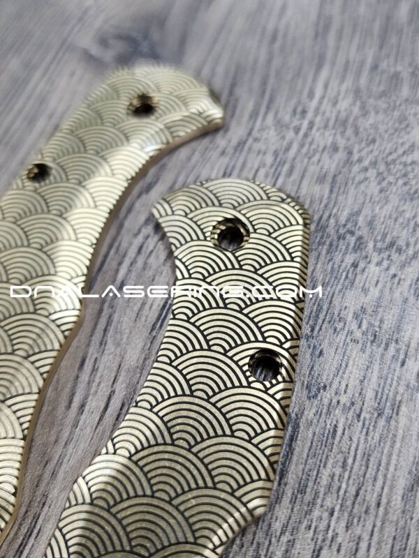 Seigaiha Japanese Waves - Spyderco Delica - Deep Laser Engraved Brass Scales - Flytanium Gear - Optional Knife Install